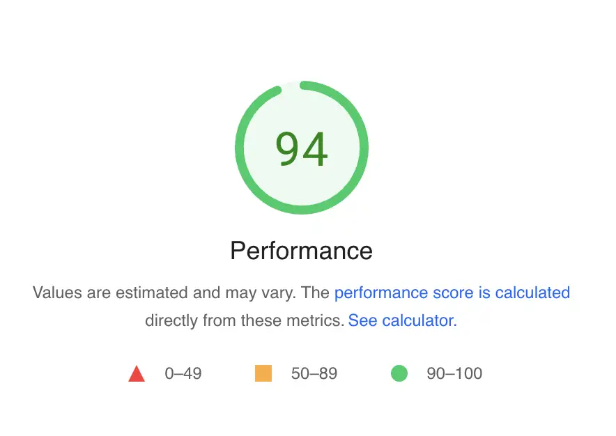 ตัวอย่าง Performance Score บน Pagespeed Insights